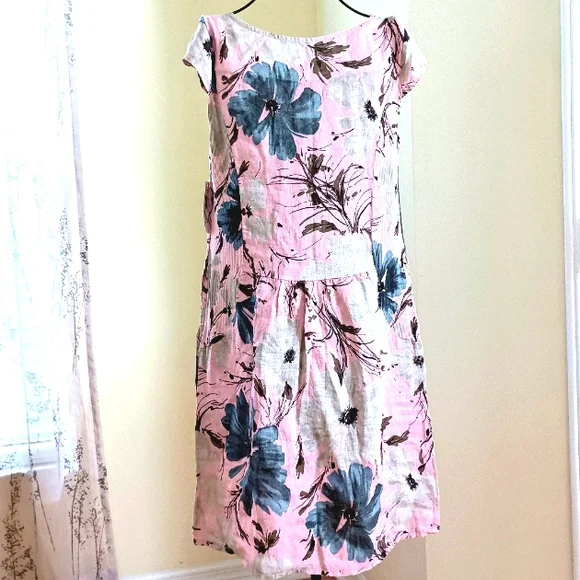 NWT PURO LINO 100% Linen Dress Made in Italy Floral Print Cap Sleeve Pockets M - Picture 4 of 17